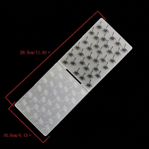 Macro detail of DIY plastic embossing folder with dandelion pattern and dimensions