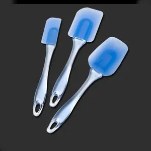 Professional 3-piece blue silicone spatula set with transparent handles on black background