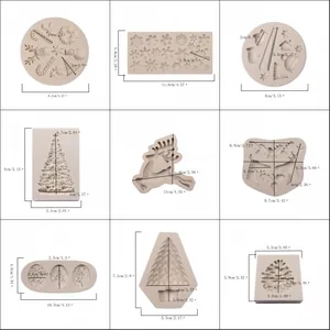 Detailed dimensions of various Christmas themed silicone molds for fondant cakes.