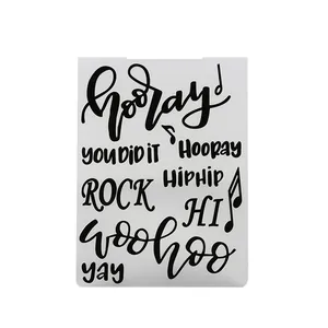 White DIY embossing stencil featuring celebratory English words and music notes for crafts