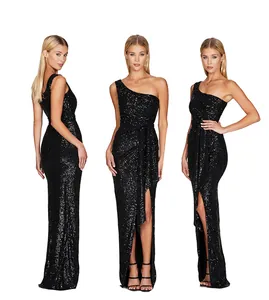 Three views of a black sequined one-shoulder evening gown with slit and waist detail