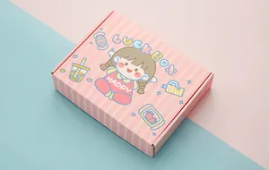 Cute pink LuckBox stationery gift box with cartoon girl and pastel strawberry graphics.