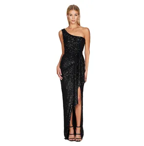 Black one-shoulder sequin formal dress with high slit and waist sash detail