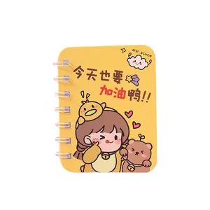 Cute yellow spiral pocket notebook for students with cartoon girl and bear illustration