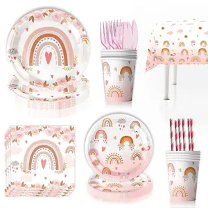 Boho Regenbogen Party-Set mit Tellern, Bechern, Servietten und einer bunten Tischdecke