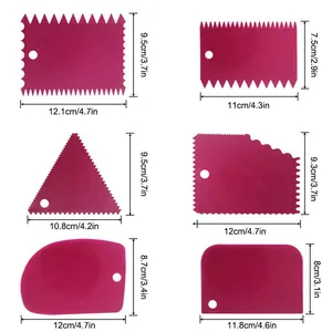 Professional 6-piece magenta cake scraper set with serrated edges and cm/inch sizes