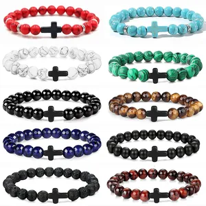 Naturstein Perlen Armband Kreuz Anhänger Für Herren Damen Tigerauge Lavastein Türkis Achat Stretch Retro Handgefertigt Sport Schmuck Geschenk