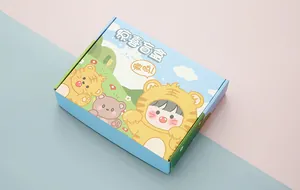 Close-up detail of a cute cartoon surprise blind box stationery gift set packaging