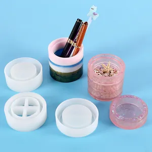 DIY resin mold set for round storage boxes and pen holders in translucent silicone