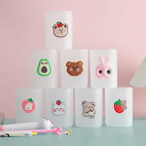 Creative Cartoon Pen Holder INS Style Transparent Frosted Plastic Desk Organizer Stationery Storage Box For Students Office Home Decoration