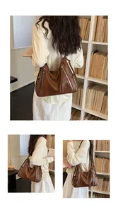 Detailed views of the brown leather hobo bag with zipper and tassel accents