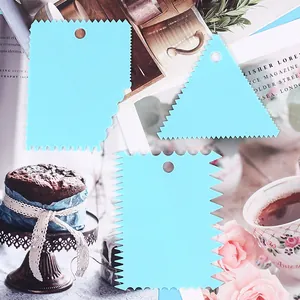 Set of three blue plastic cake scrapers with various jagged edges for DIY baking.