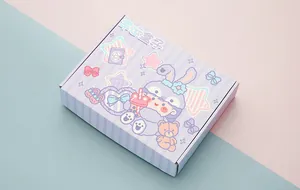 Detailed view of a purple kawaii stationery blind box with cute cartoon character design