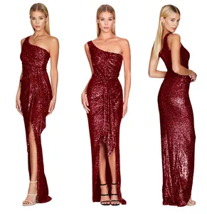 Multi-angle view of a burgundy sequin one-shoulder maxi dress with a slit and sash detail.