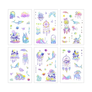 Traumhaftes Aquarell-Washi-Sticker-Set mit Wal-, Schloss- und Planetenmotiven, 6 Blatt