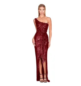 Full length burgundy one-shoulder sequin dress with pleated waist and high slit detail