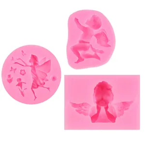 Detailed view of pink silicone molds featuring angel and fairy designs for DIY crafts