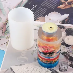 Macro detail of a clear cylindrical silicone mold with a colorful DIY resin candle holder.