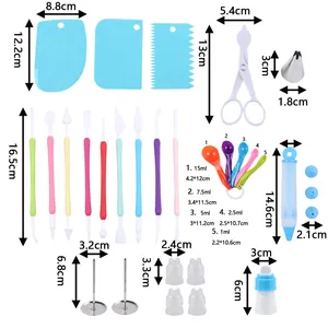Detailed dimensions of components in the 66-piece cake decorating and baking tool set