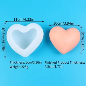 Dimensions détaillées du moule en silicone cœur et du produit fini en bougie