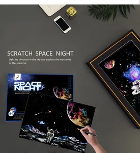 Detailaufnahme einer Hand, die eine lebendige Weltraumszene mit Planeten und Sternen kratzt