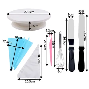 Detailed dimensions of 10-piece baking tool set with turntable and spatulas