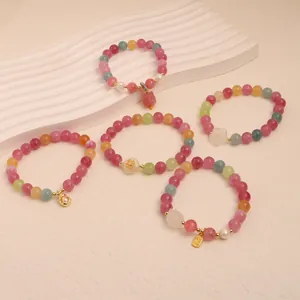 New Chinese Style Colorful Tourmaline Style Crystal Beaded Bracelet For Women Vintage Dopamine Candy Color Freshwater Pearl Cat Charm Bracelet Jewelry