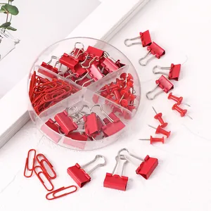 Korean Style Macaron Color Metal Binder Clips Paper Clips Push Pins Combo With Round Divided Storage Box For Office School