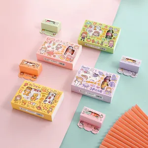 Multiple themes of cute Kawaii stationery sets displayed on a bicolor background.