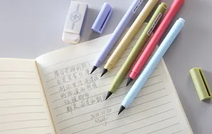 Detailed shot of colorful inkless eternal pencils resting on a lined notebook page