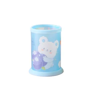 Organisateur de bureau rond bleu mignon avec motif d'ours pour papeterie scolaire