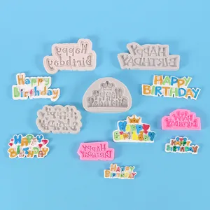 Gedetailleerd overzicht van diverse Happy Birthday siliconen mallen voor taartdecoraties.