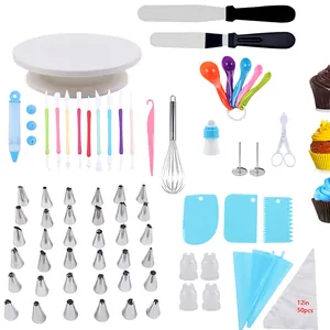 Comprehensive 66-piece cake decorating set featuring turntable, tips, and scrapers