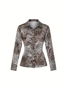 Detailed view of leopard print long-sleeve blouse with silky texture and button-up front