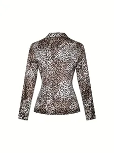 Detail view of a slim-fit leopard print long-sleeve shirt for women