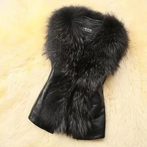Women's chic black faux fur vest with short slim fit and plush raccoon fur style