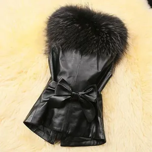 Elegant black faux leather vest with a plush faux fur collar and decorative back bow