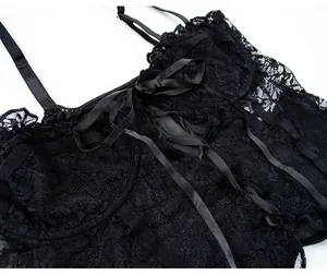 Primer plano de lencería de encaje negro con motivos florales y detalle de cordones de cinta