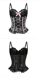 Vista frontale e posteriore di un corsetto in pizzo nero con nastri rosa.