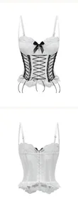 Dettaglio fronte e retro del corsetto in pizzo bianco con fiocco nero