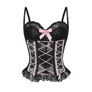 Top corsetto in pizzo nero con fiocco rosa e dettagli di nastri incrociati chic
