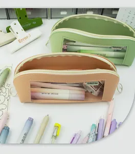 Detail of Morandi leather shell pencil cases with transparent window and large capacity