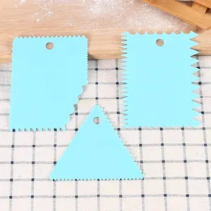 3-piece light blue plastic cake scraper set with various serrated edges for DIY baking