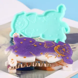 Detail view of pug-shaped resin hair clip with turquoise silicone mold for DIY crafts