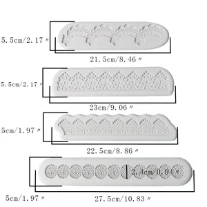 Vista dettagliata di quattro stampi in silicone per pizzo con misure molto precise