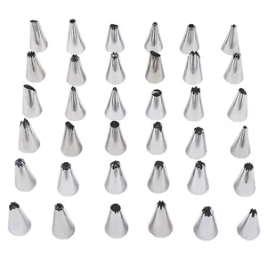 Assorted professional stainless steel piping tips featuring various decorative nozzle shapes