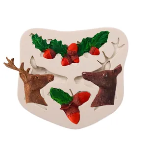 Detailed view of Christmas reindeer and acorn silicone fondant cake decorating mold