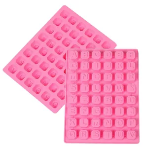 Detailed view of a pink 48-hole silicone mold featuring English alphabet letters for DIY crafts.
