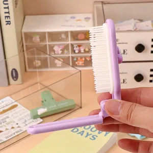 Cute purple cartoon folding mini hairbrush for travel, compact massage comb for students