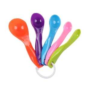 Detail view of five colorful plastic measuring spoons set for precise baking measurements